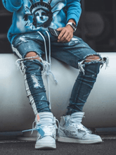Load image into Gallery viewer, Distressed Track Denim - Dark Stone